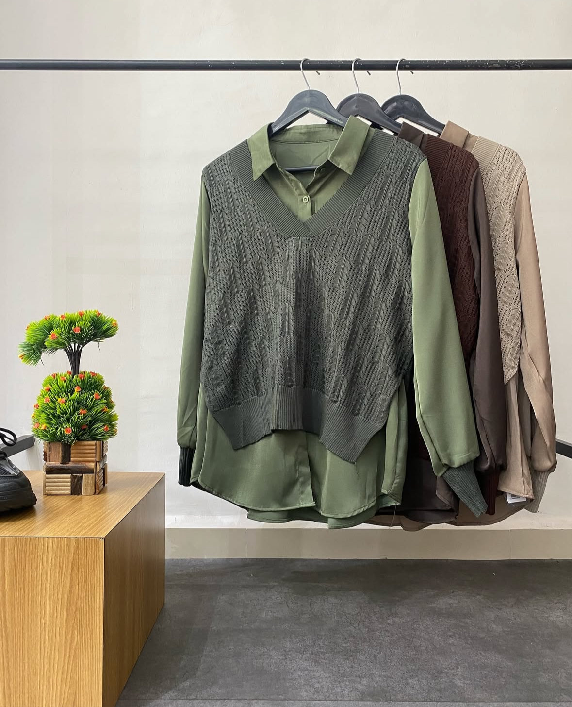 Elegant Satin Knit Overlay Shirt Top