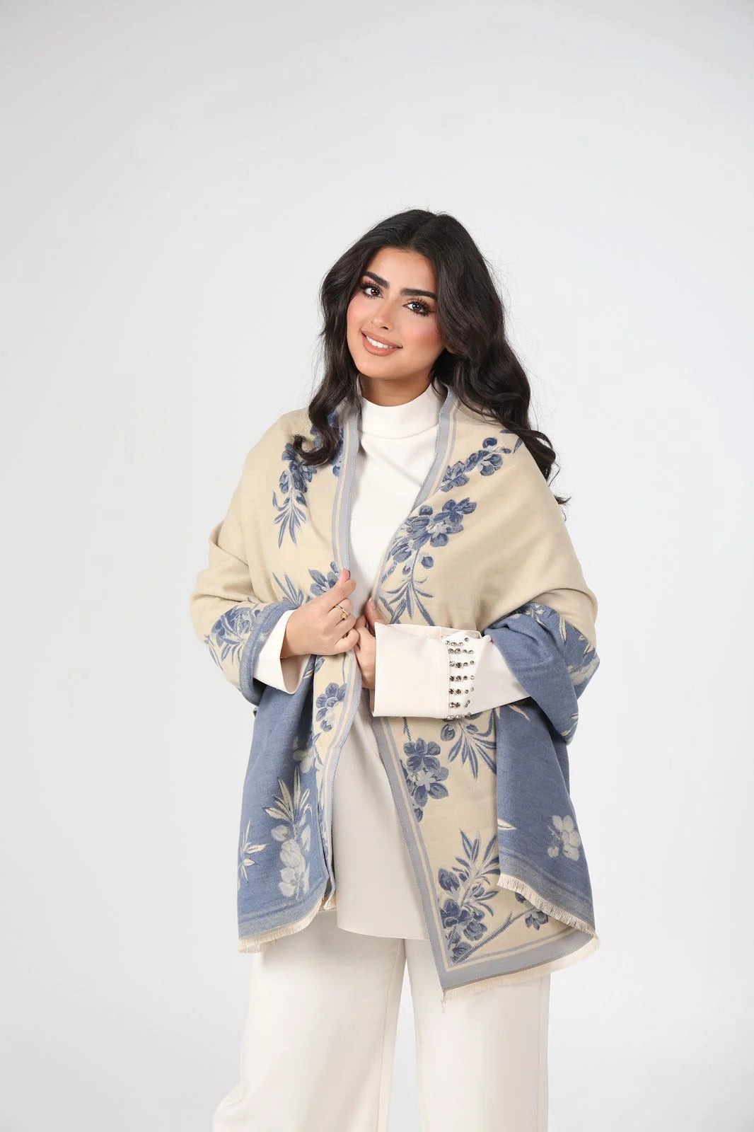 Classic Ivory & Indigo Floral Wrap