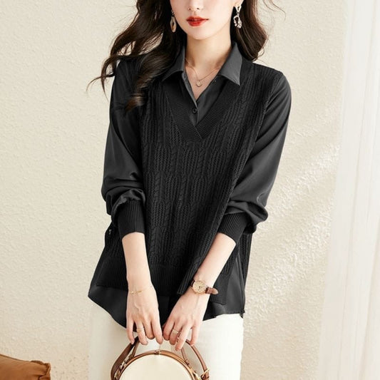 Elegant Satin Knit Overlay Shirt Top