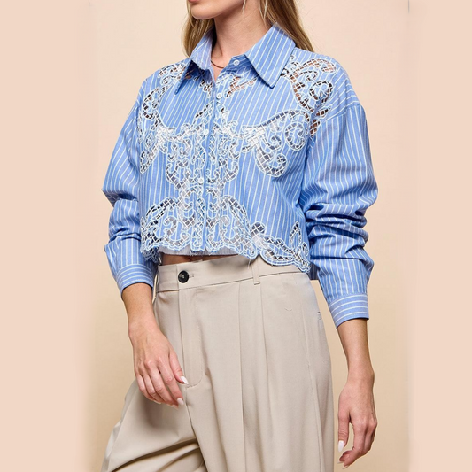 Flantis Striped Lacework Crop Shirt
