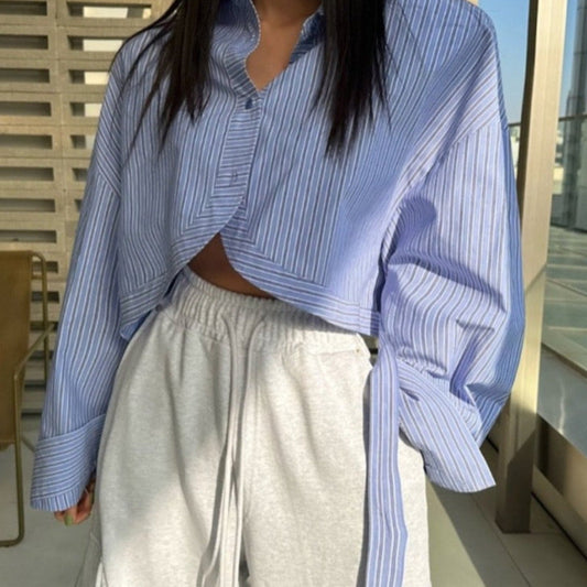 French Lapel Striped Crop Shirt