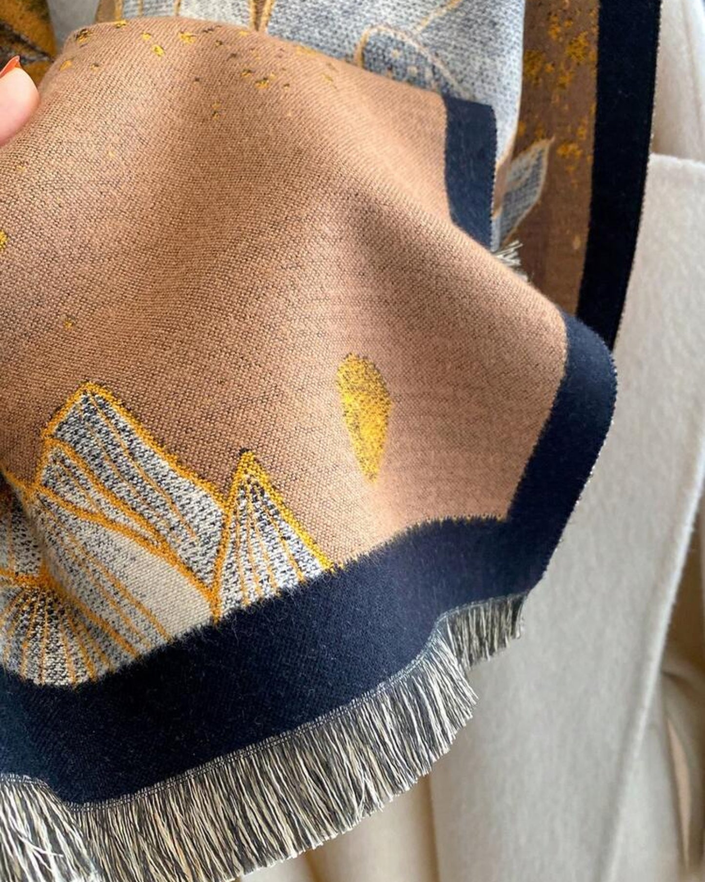 Midnight Amber Botanical Shawl with Gold Leaf Accents