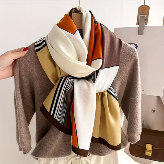 Rust and beige cotton striped geometric printed stole with brown border