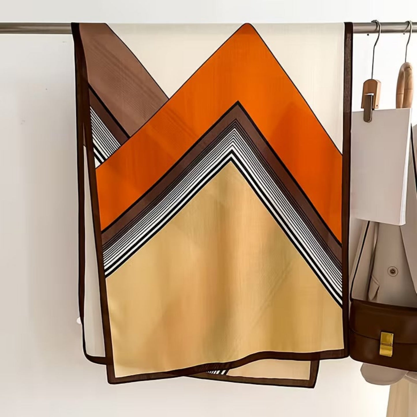 Cotton printed stole in rust beige and black stripe pattern