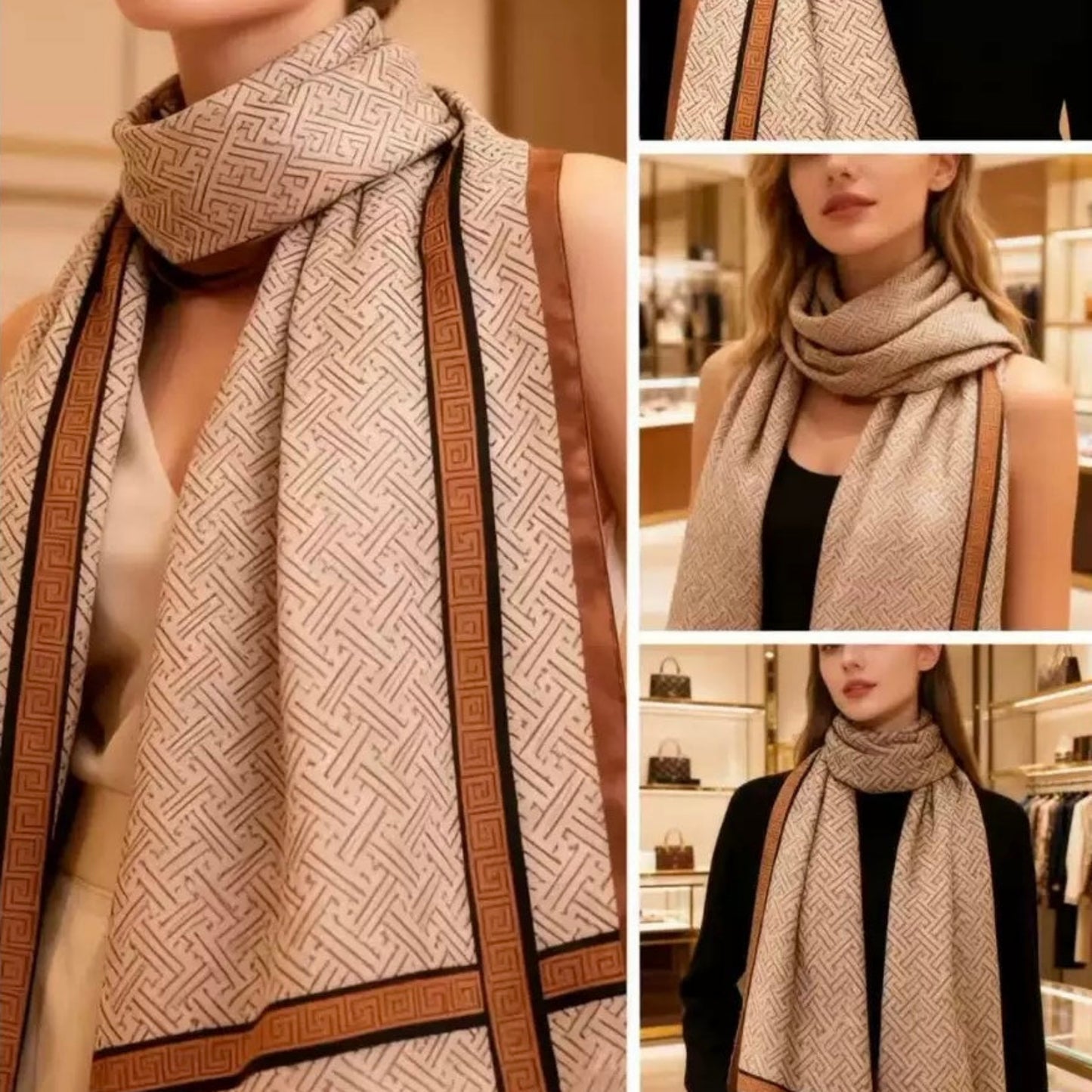 Multiple styling views of beige brown geometric basketweave silk stole - professional and casual looks