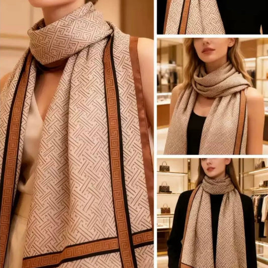 Multiple styling views of beige brown geometric basketweave silk stole - professional and casual looks