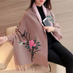 Embroidered Floral Shawl Wrap Cardigan with Fringe