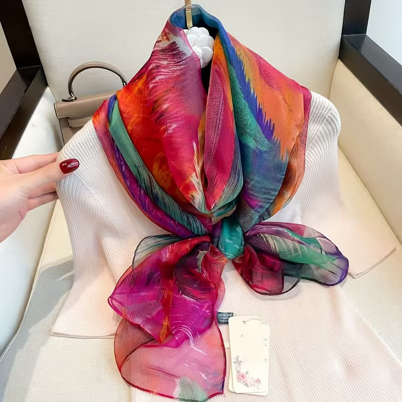 Vibrant Multicolor Abstract Feather Print Imitation Silk Stole