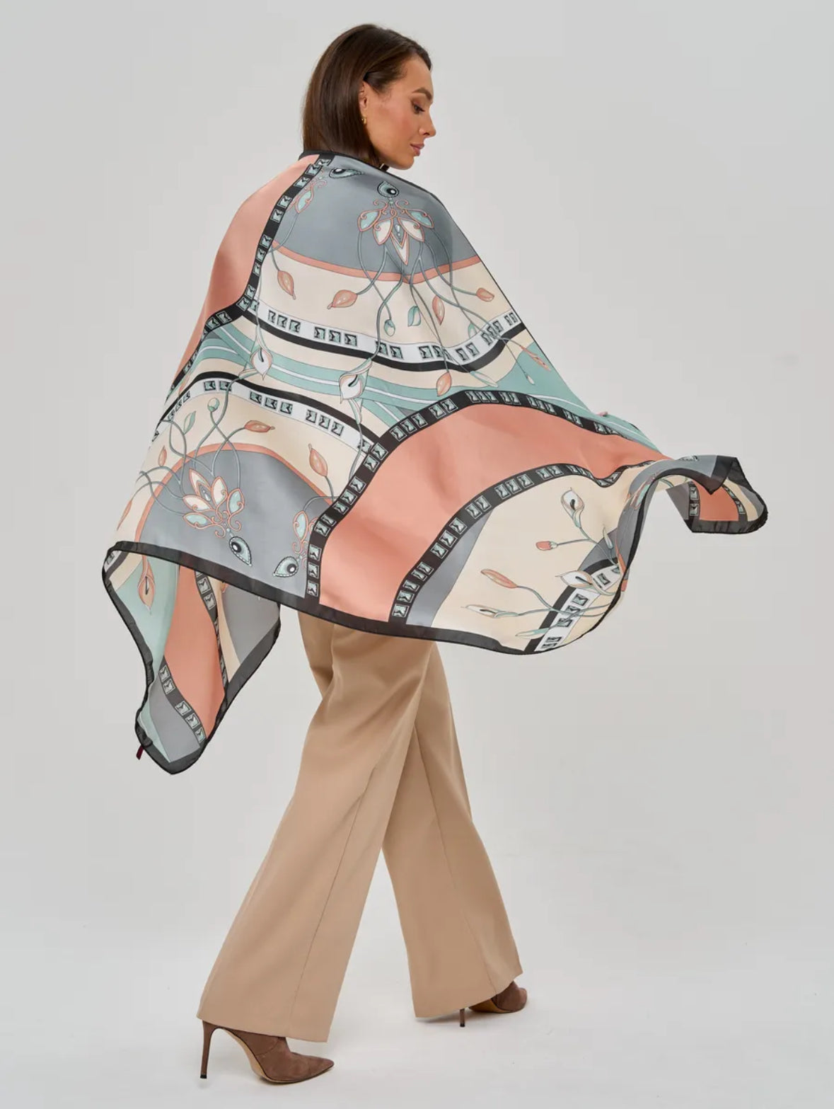 Peach & Ivory Abstract Print Silk Stole