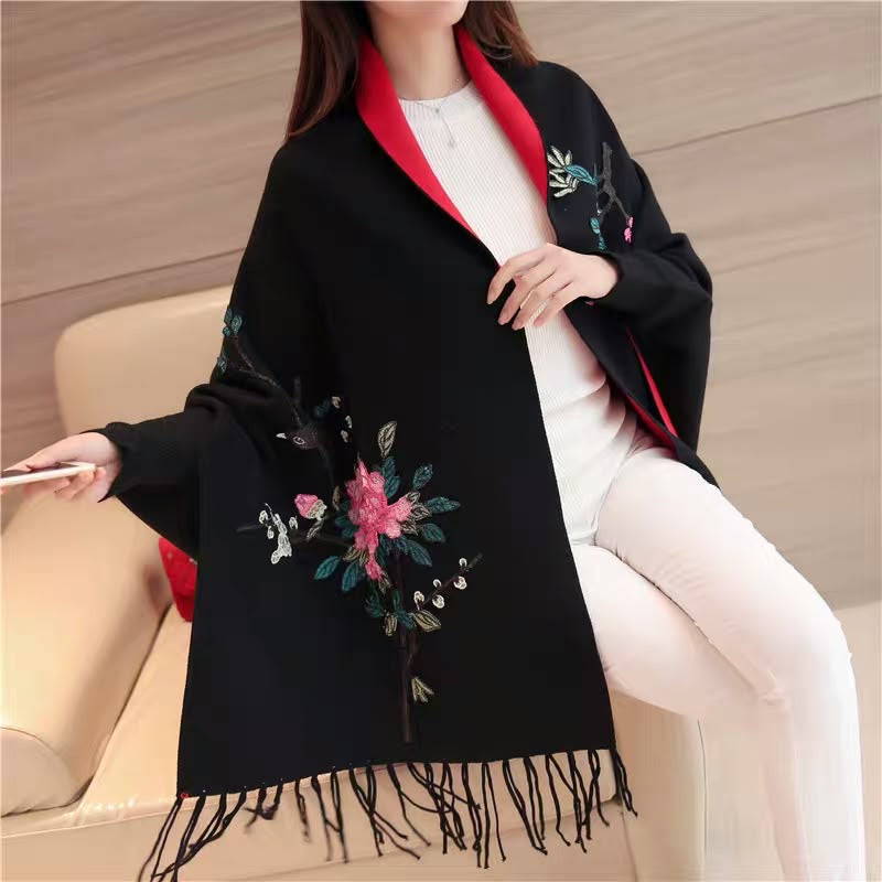 Embroidered Floral Shawl Wrap Cardigan with Fringe