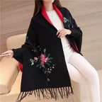 Embroidered Floral Shawl Wrap Cardigan with Fringe