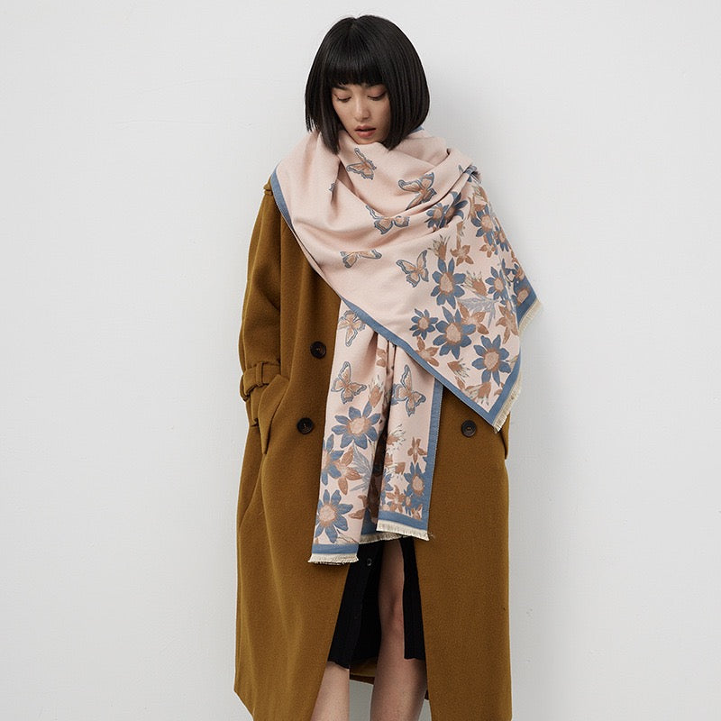 Blush Butterfly & Floral Reversible Cashmere-Feel Wrap
