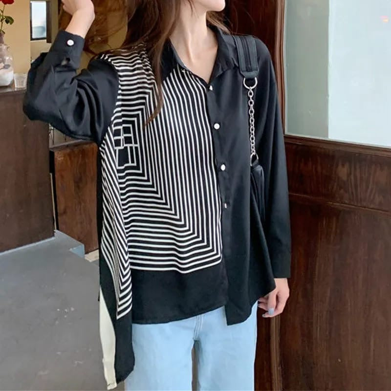 Tista Asymetric Printed Shirt- Black