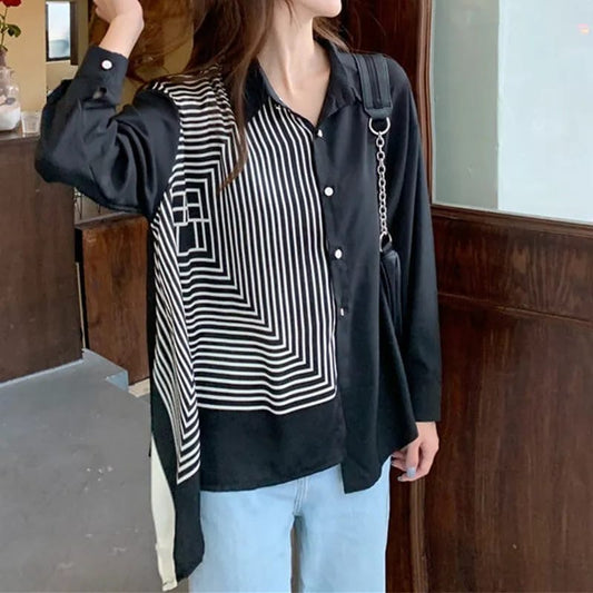 Tista Asymetric Printed Shirt- Black