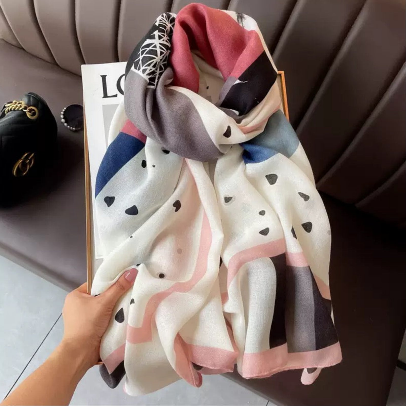 Abstract heart print cotton stole in soft pastel colorblock design
