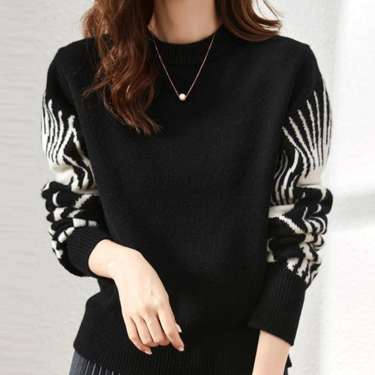 Abstract Jacquard Sleeve Knit Pullover
