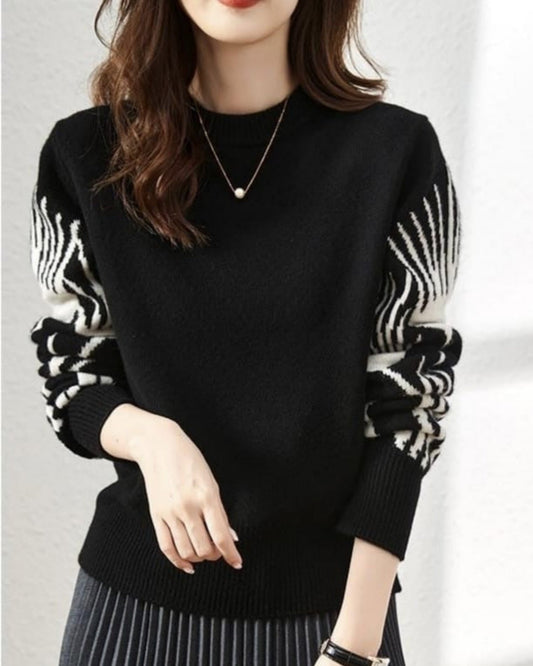 Abstract Jacquard Sleeve Knit Pullover
