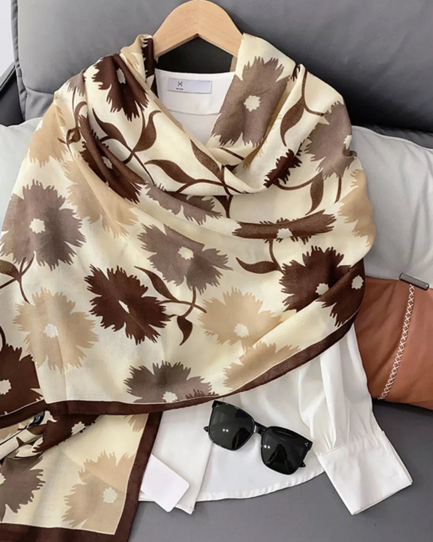 Beige and brown floral cotton scarf with mocha tones for everyday wear