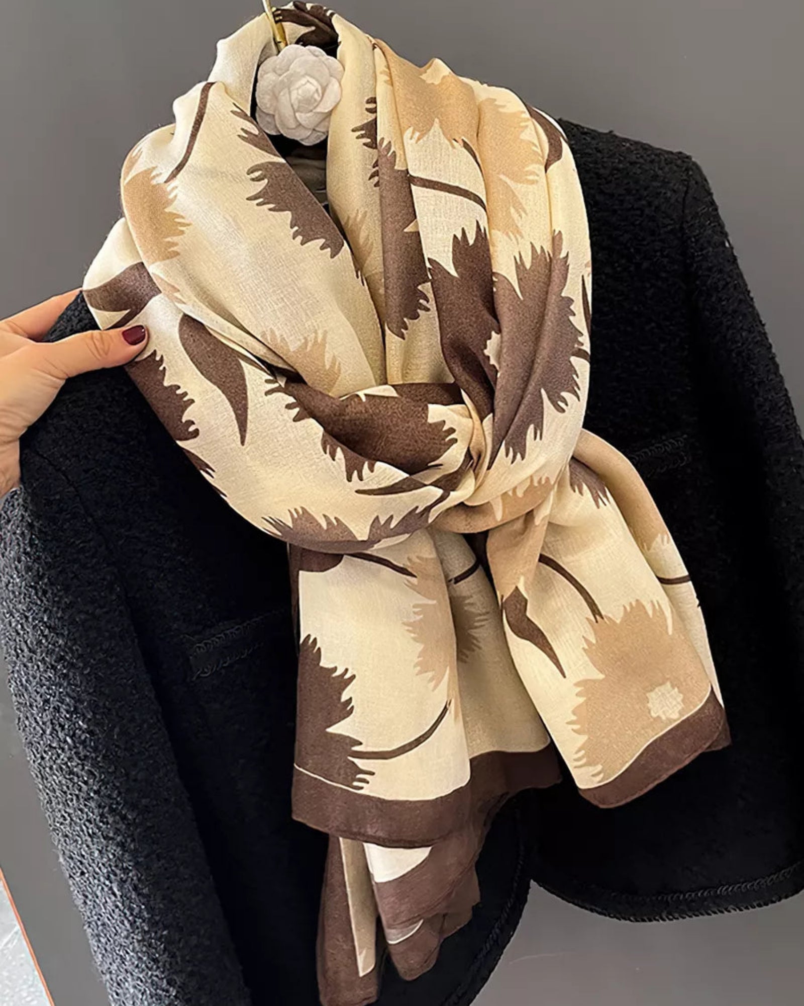Elegant mocha floral printed cotton scarf for all-season styling