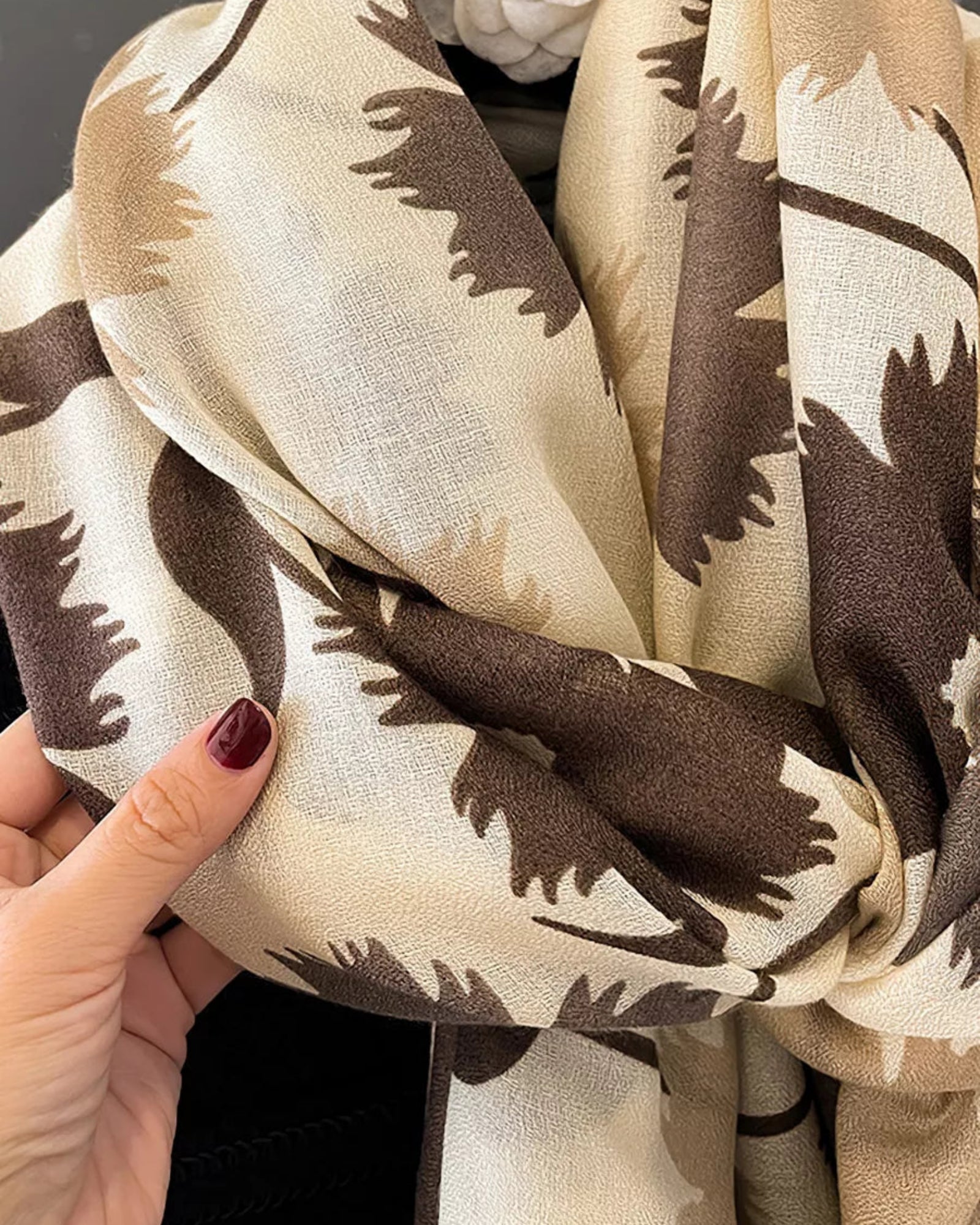 Earth-tone floral cotton scarf styled for casual and office wear