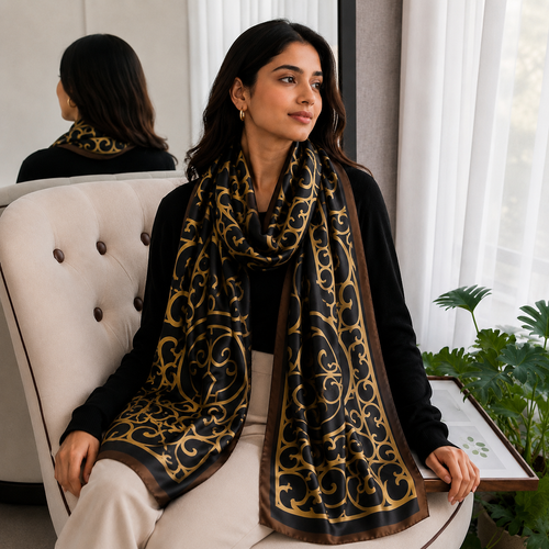 Woman wearing a black and gold patterned scarf sitting on a white chair.