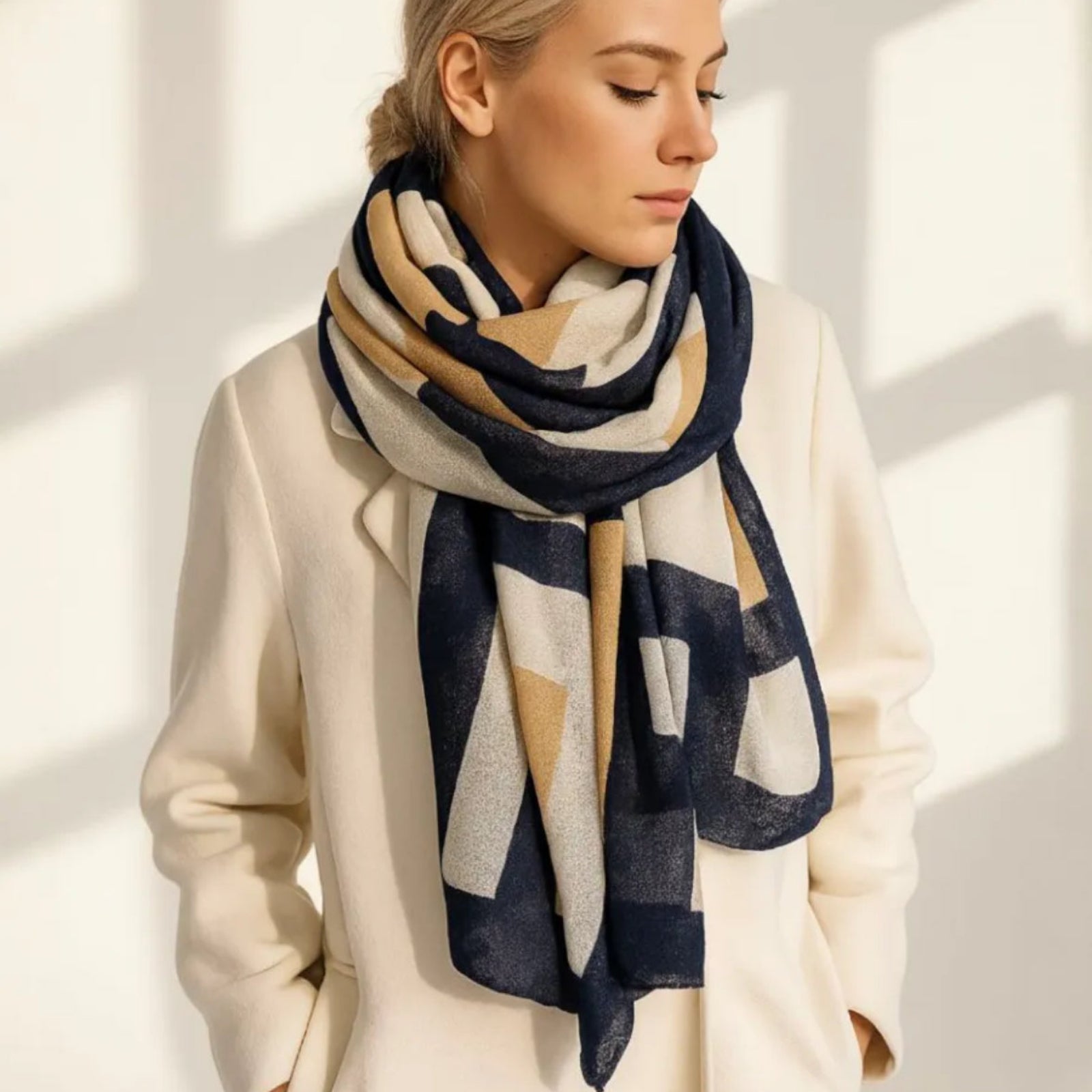 Woman wearing a striped scarf against a light background