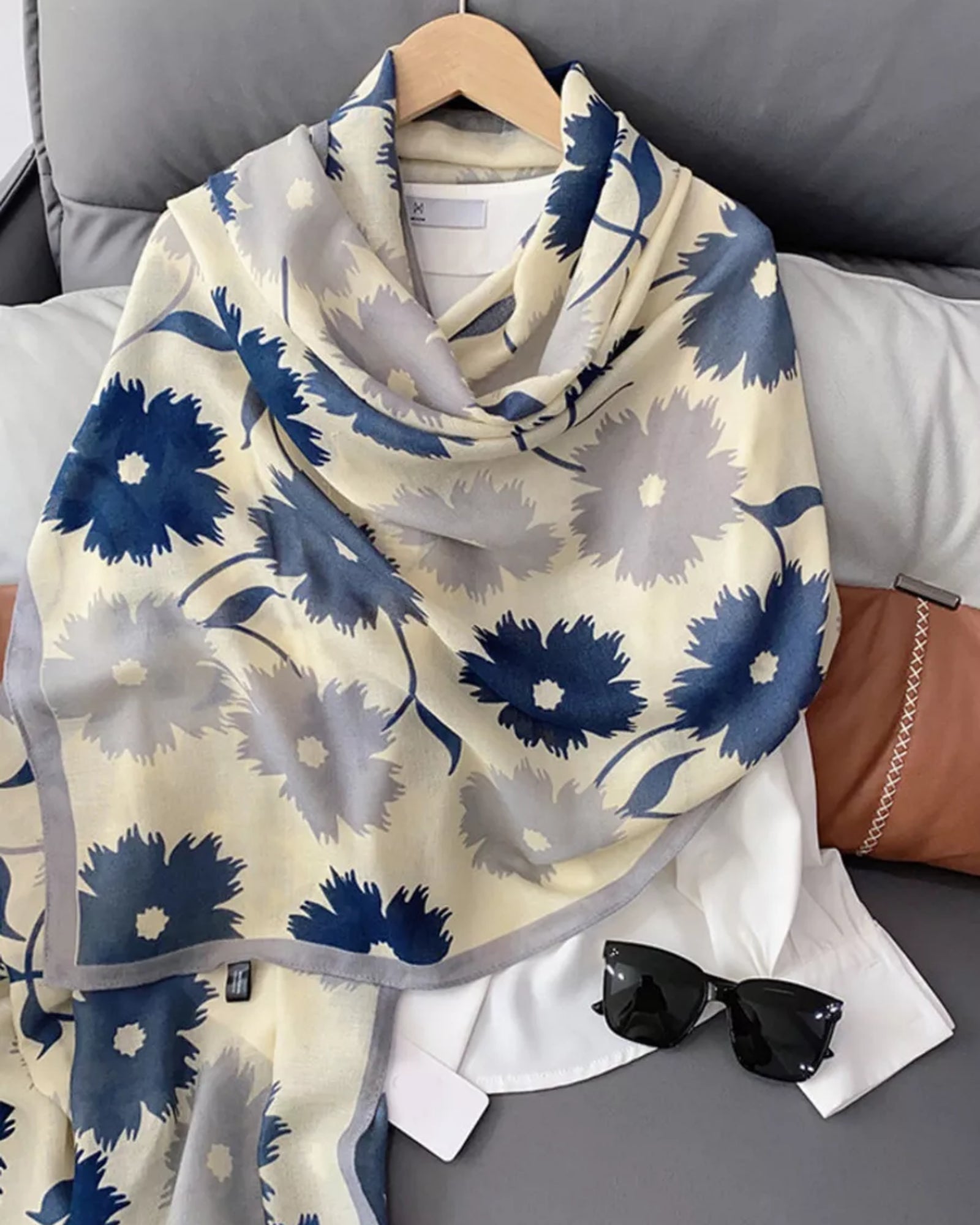 Blue and grey floral cotton stole for women with lightweight breathable fabric
