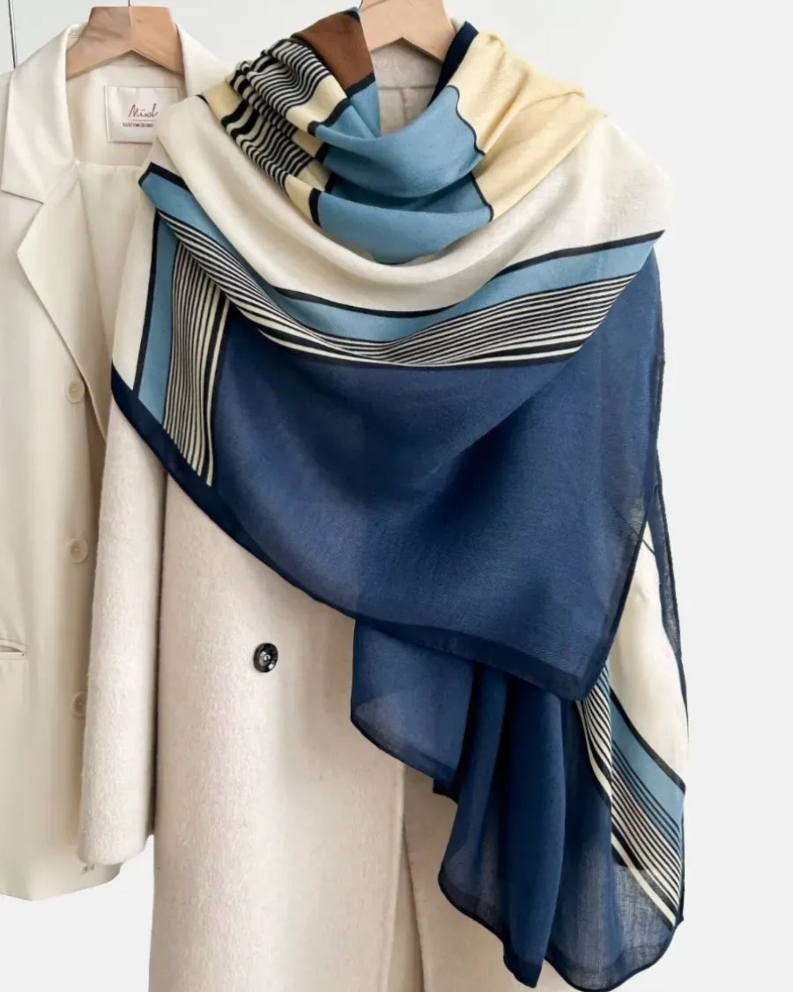 Blue ivory striped printed cotton stole with border design