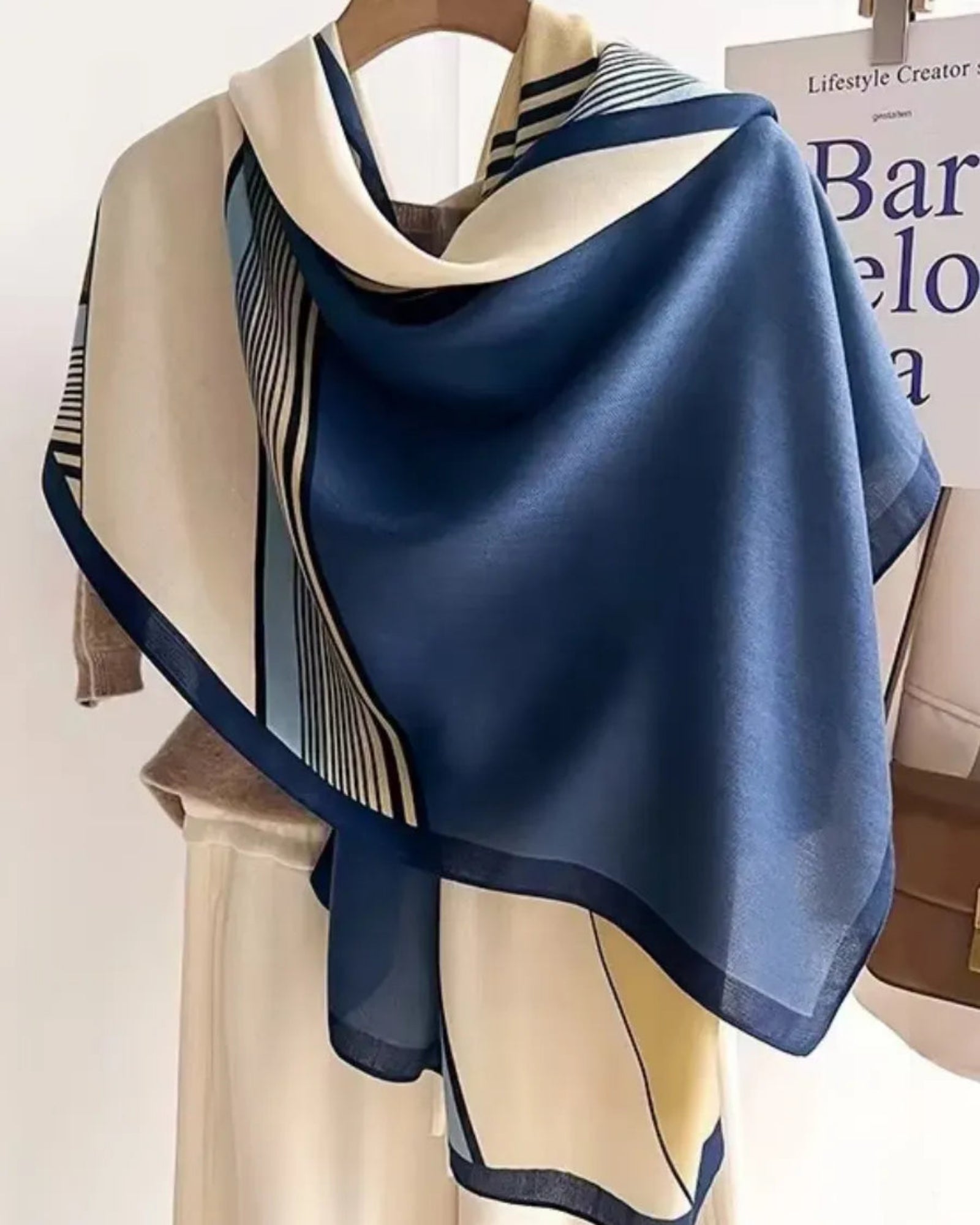 Viscose cotton blue printed stole styled on neutral outfit