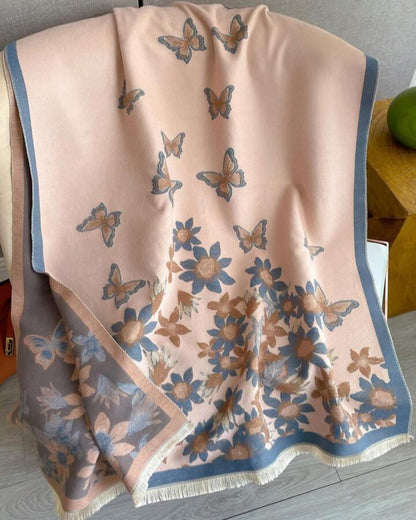 Blush Butterfly & Floral Reversible Cashmere-Feel Wrap
