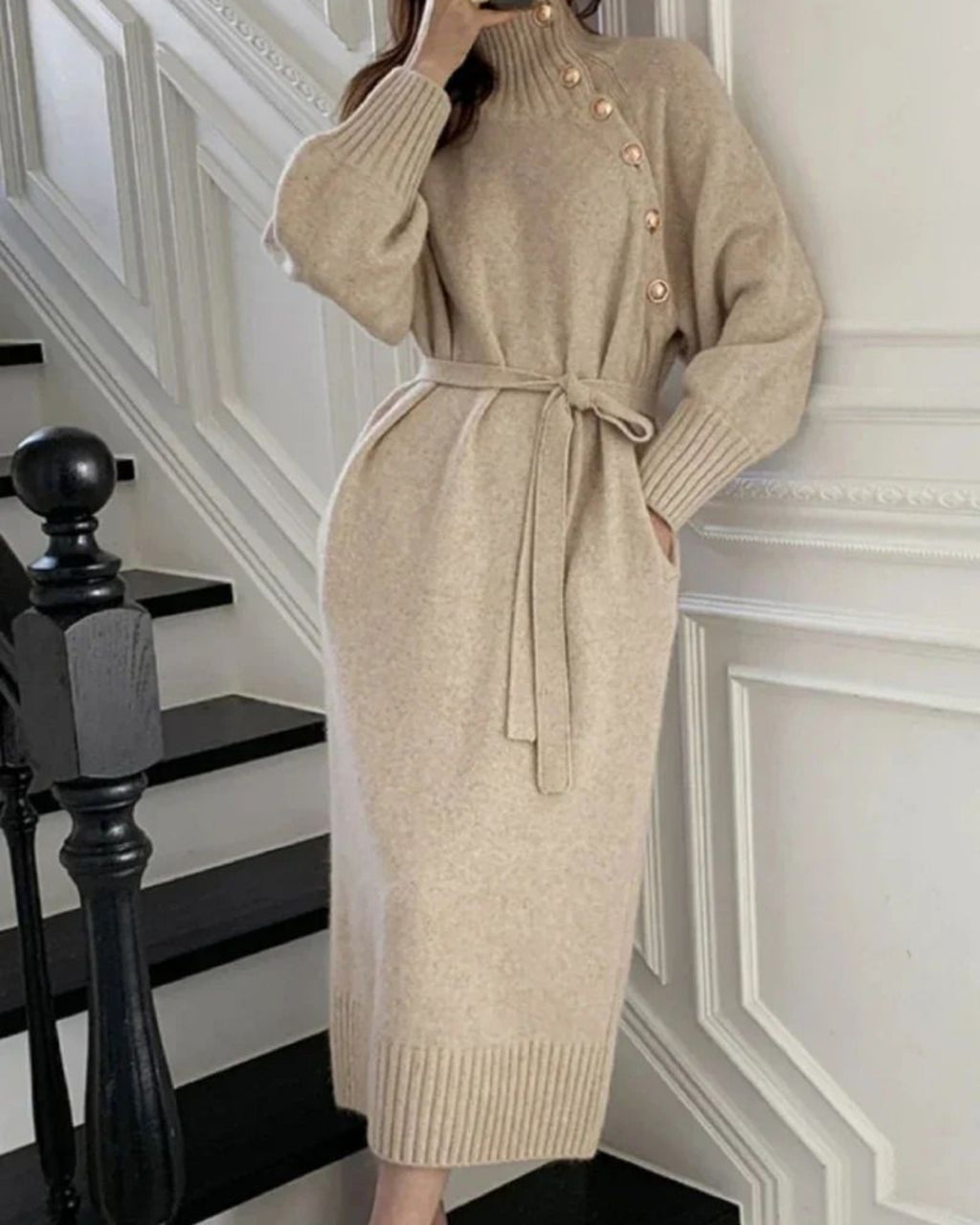 Boutique High-Neck Buttoned Knit Sweater