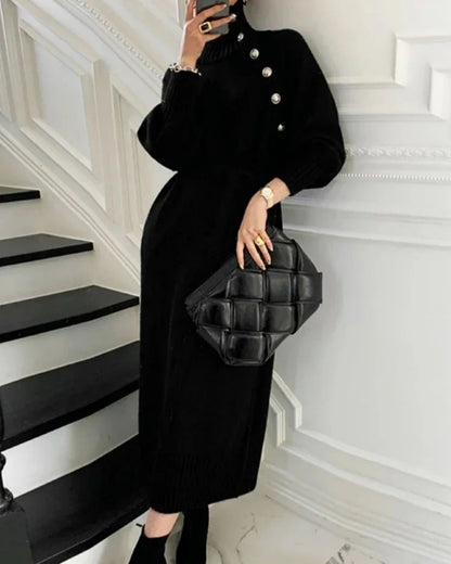 Boutique High-Neck Buttoned Knit Sweater