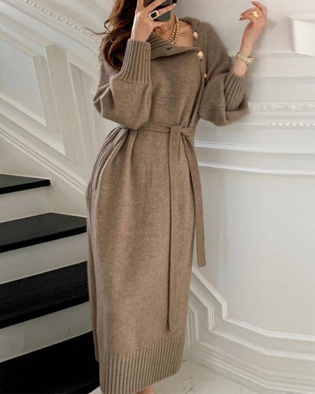 Boutique High-Neck Buttoned Knit Sweater