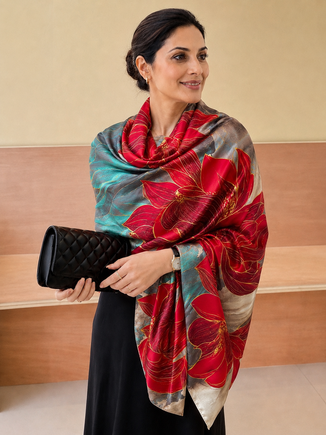 Elegant Indian woman draped in the Boxy Luscious Silk Scarf featuring oversized crimson floral motifs with gold detailing on a teal, taupe and ivory abstract backdrop, styled with a black dress and quilted clutch.