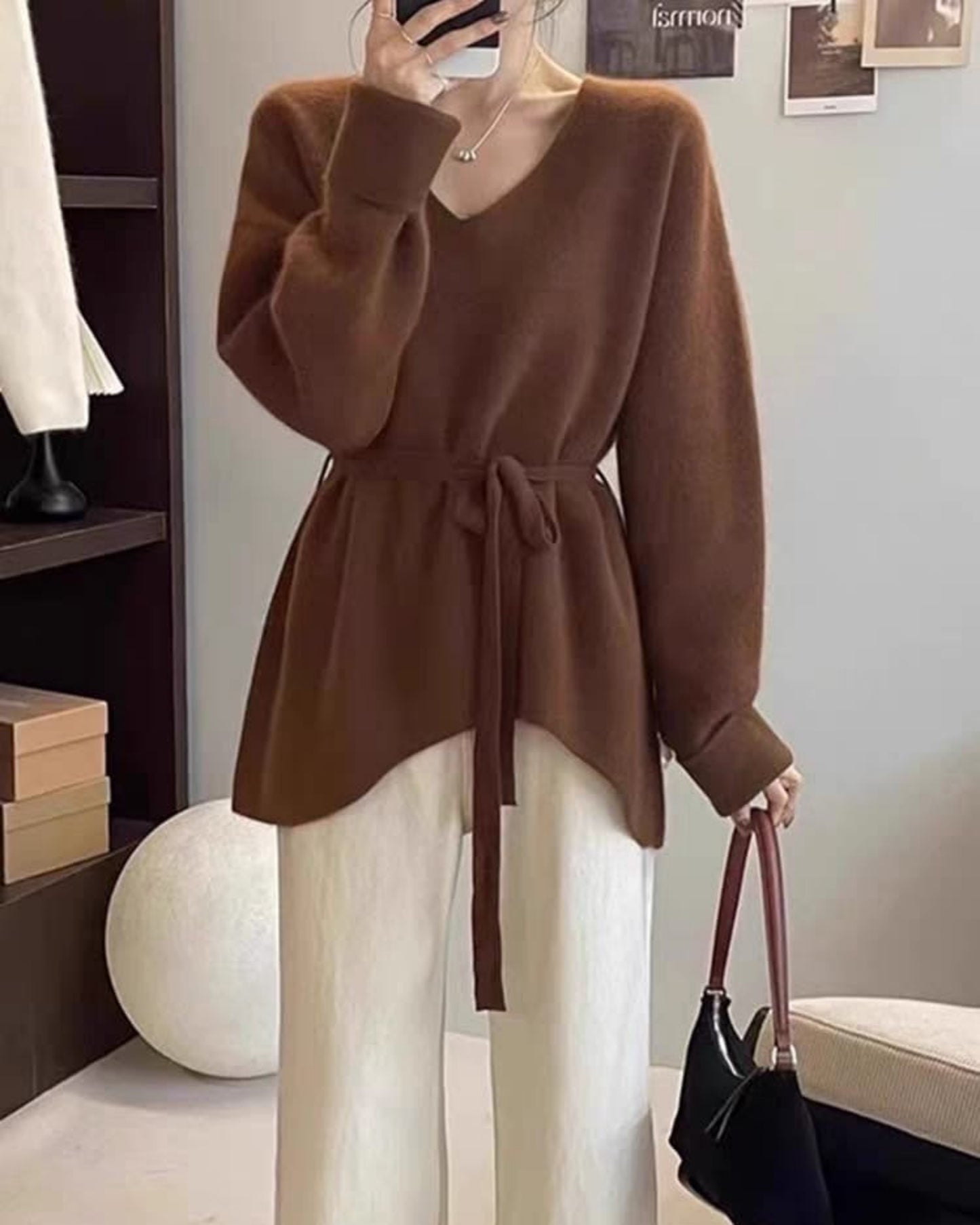 Chic Asymmetric Hem V-Neck Belted Sweater