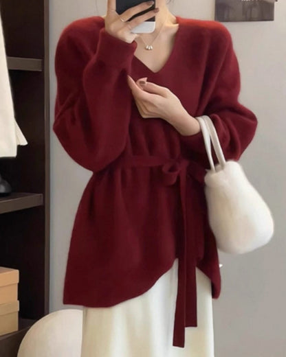 Chic Asymmetric Hem V-Neck Belted Sweater