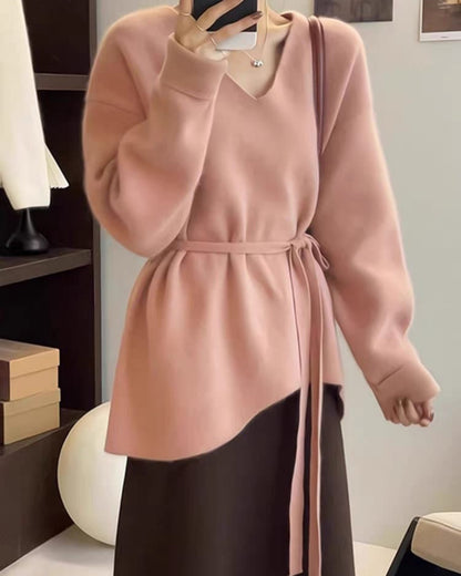 Chic Asymmetric Hem V-Neck Belted Sweater