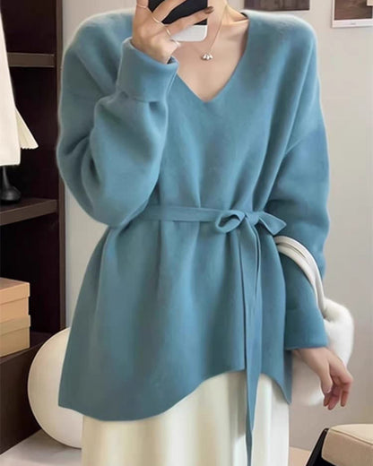 Chic Asymmetric Hem V-Neck Belted Sweater