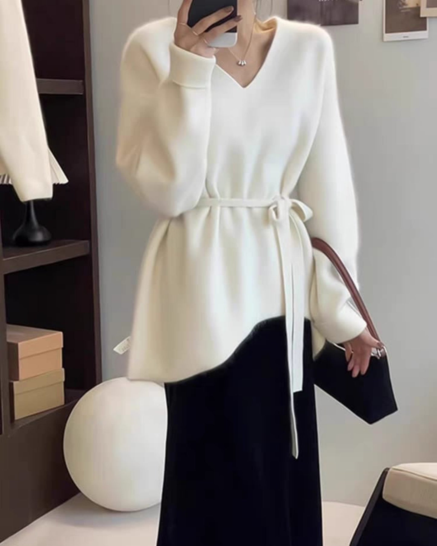 Chic Asymmetric Hem V-Neck Belted Sweater