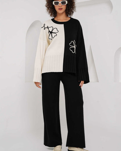 Chic Color Block Knitted Sweater & Wide-Leg Pant Set