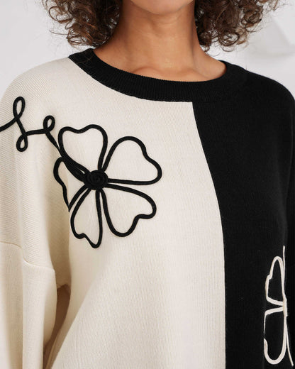 Chic Color Block Knitted Sweater & Wide-Leg Pant Set