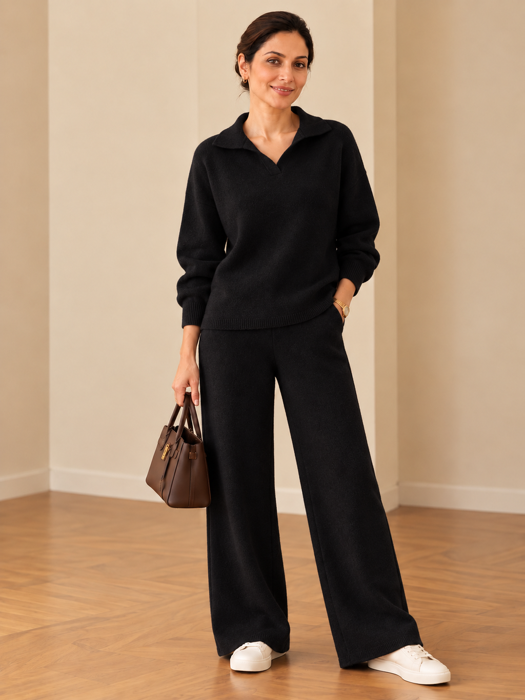 Chic knit polo collar lounge set for women in black, featuring a premium knitted top and matching wide-leg pants