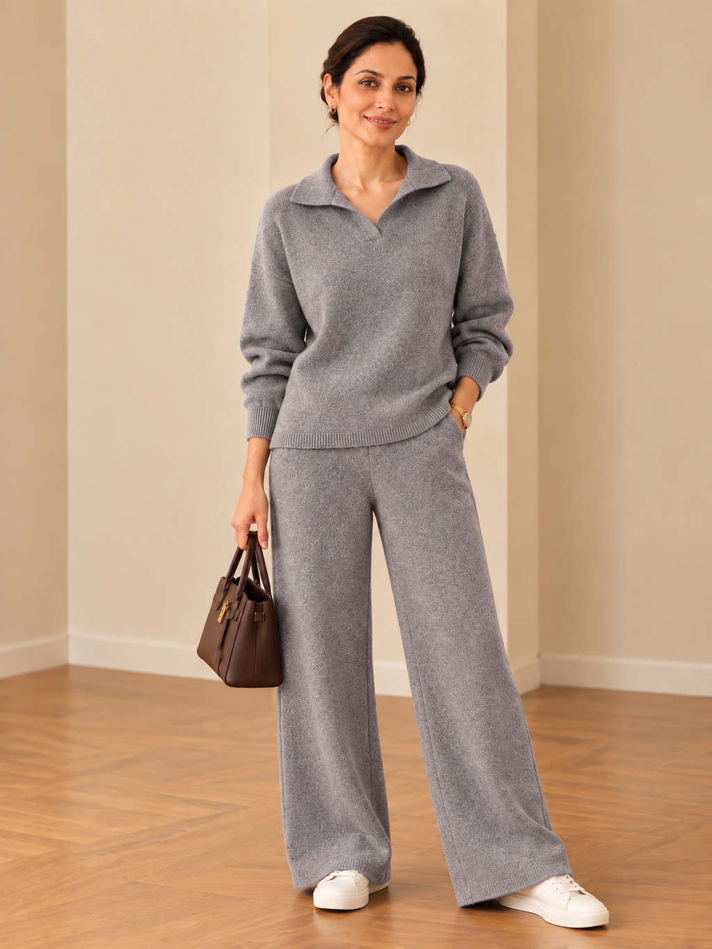 Chic knit polo collar lounge set for women in grey, featuring a premium knitted top and matching wide-leg pants
