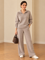 Chic knit polo collar lounge set for women in taupe, featuring a premium knitted top and matching wide-leg pants