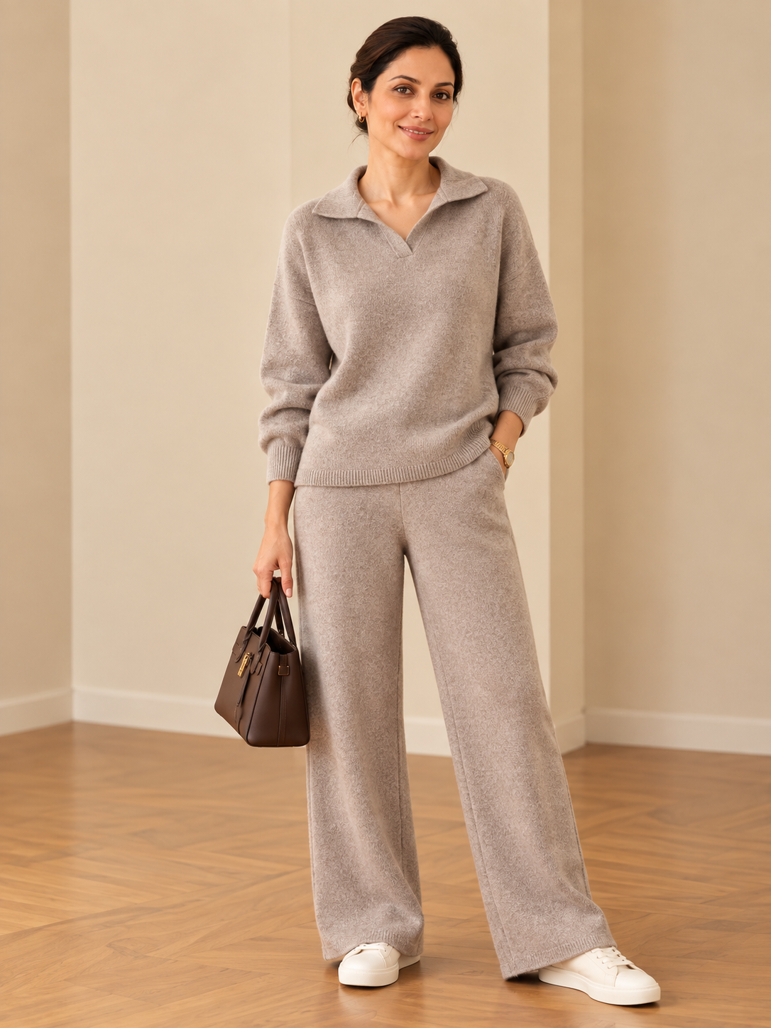 Chic knit polo collar lounge set for women in taupe, featuring a premium knitted top and matching wide-leg pants