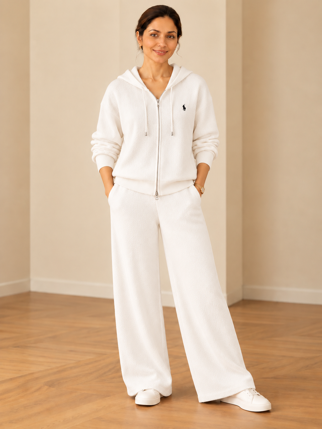 Chic ribbed knit hooded leisure suit for women in ivory white with zip-up hoodie and wide-leg pants