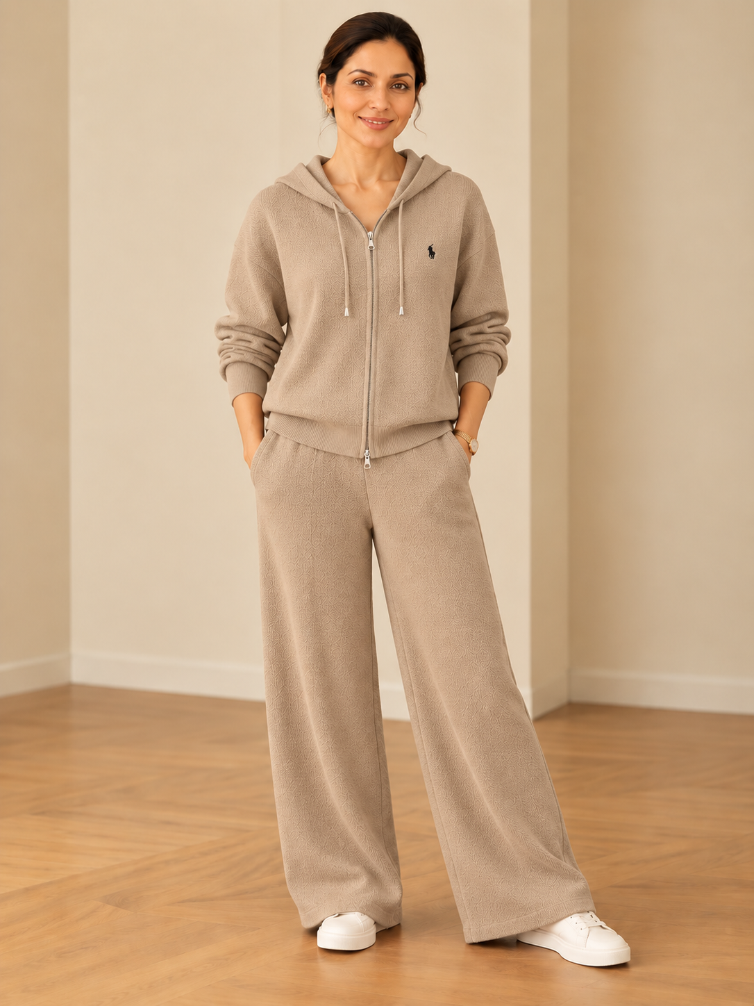 Chic ribbed knit hooded leisure suit for women in taupe with zip-up hoodie and wide-leg pants