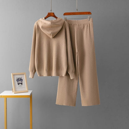 Chic Ribbed Knit Hooded Leisure Suit