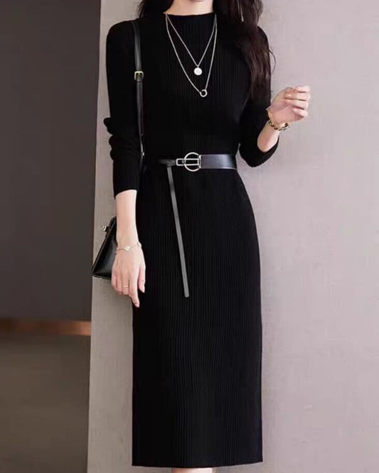 Chic Ribbed Knit Tie-Waist Maxi Sweater Dress
