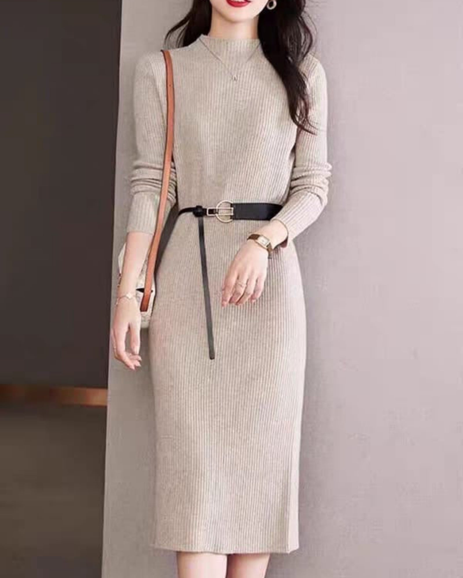 Chic Ribbed Knit Tie-Waist Maxi Sweater Dress